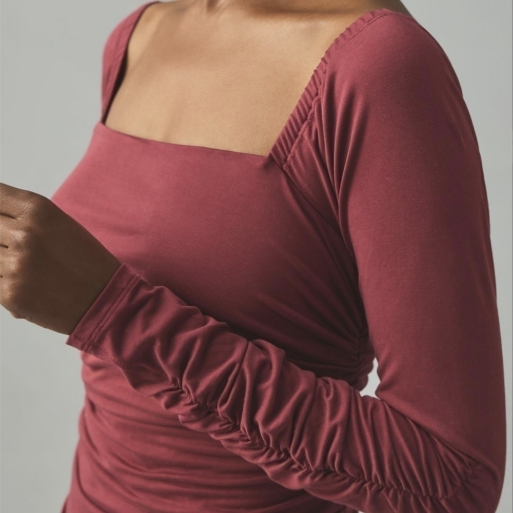 Anthropologie Wine Ruched Square Neck Mini Dress XL Petite NWT - Picture 5 of 7